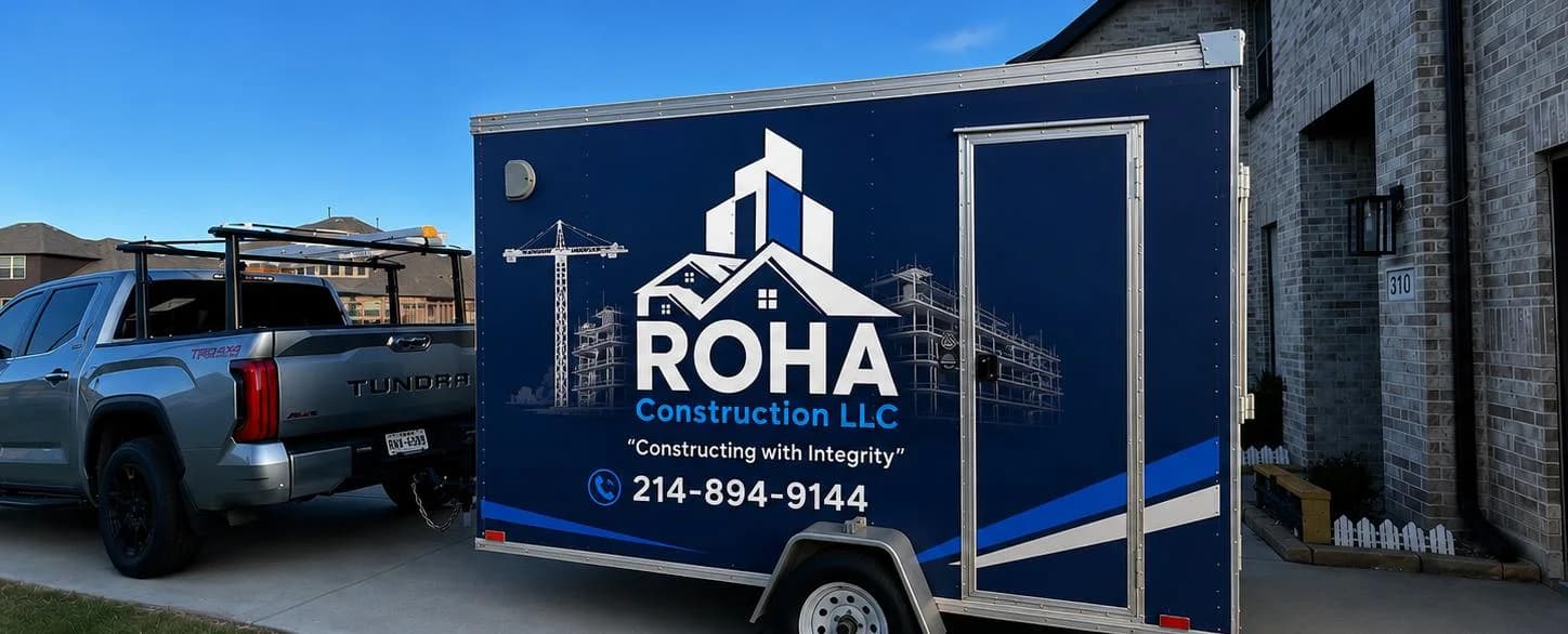 ROHA Construction truck and branded equipment trailer parked on a job site