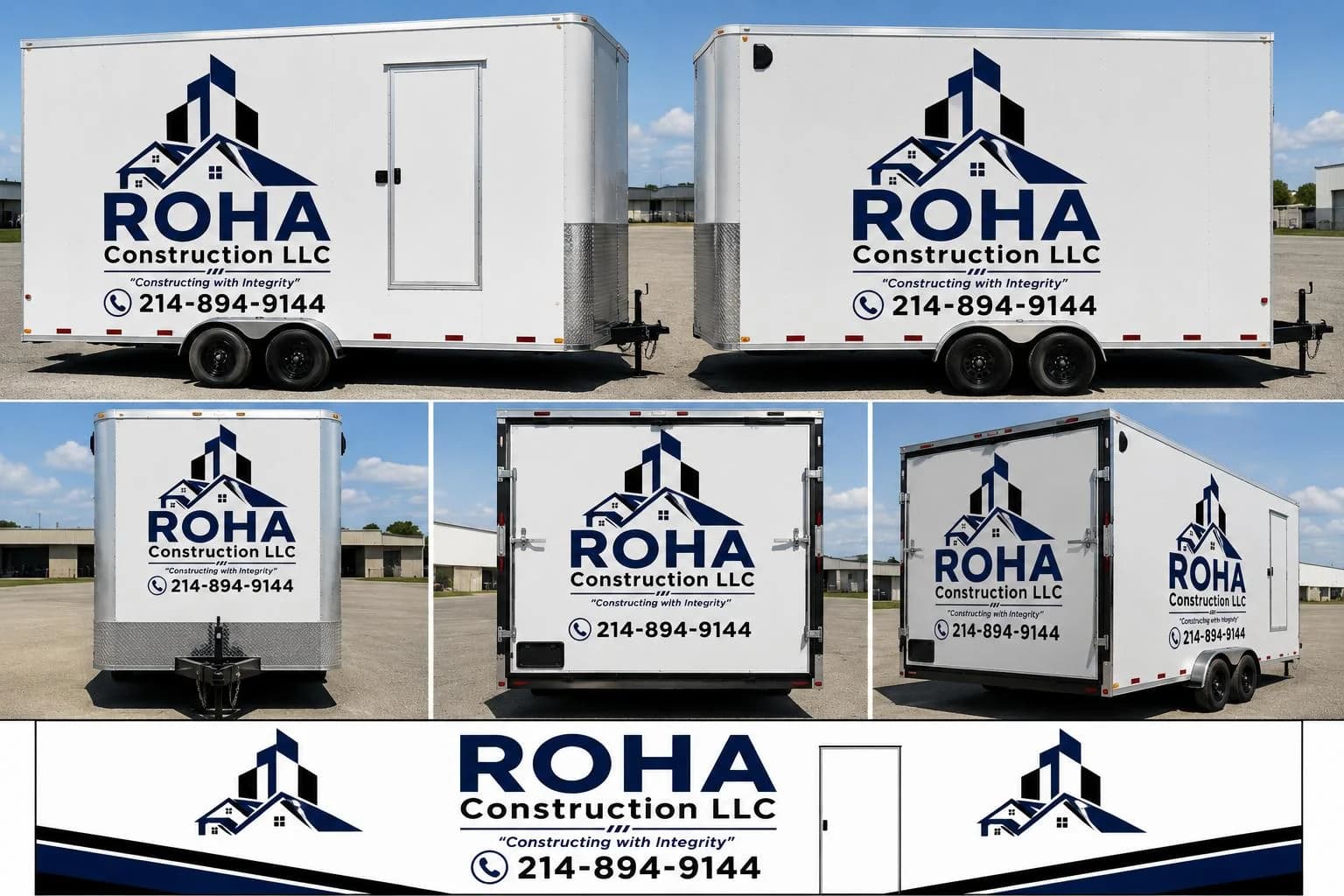The ROHA Construction equipment trailer showing the company branding on both sides